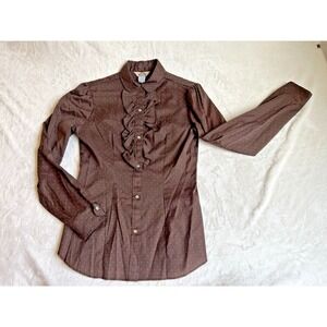 Lasso Women's‎ Button Up Pearl Snap Ruffle Brown LS